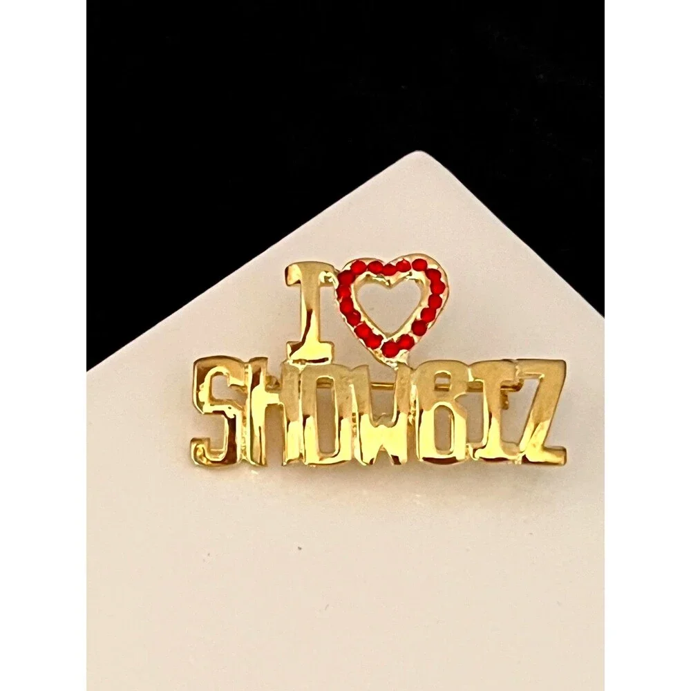 Vintage 1980s Brooch I Love Showbiz Red Rhinestone Gold Tone Novelty - 1I